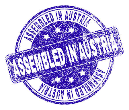ASSEMBLED IN AUSTRIA stamp seal watermark with distress texture. Designed with rounded rectangle and circles. Blue vector rubber watermark of ASSEMBLED IN AUSTRIA text with grunge texture.のイラスト素材
