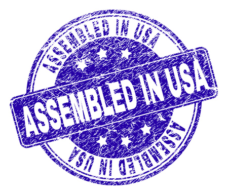 ASSEMBLED IN USA stamp seal watermark with distress style. Designed with rounded rectangle and circles. Blue vector rubber watermark of ASSEMBLED IN USA title with unclean style.のイラスト素材