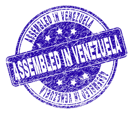 ASSEMBLED IN VENEZUELA stamp seal watermark with grunge style. Designed with rounded rectangle and circles. Blue vector rubber print of ASSEMBLED IN VENEZUELA caption with grunge style.のイラスト素材