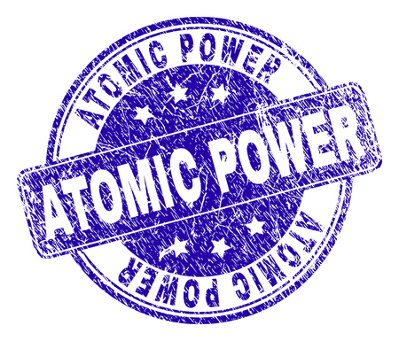 ATOMIC POWER stamp seal imprint with grunge texture. Designed with rounded rectangle and circles. Blue vector rubber print of ATOMIC POWER caption with grunge texture.のイラスト素材