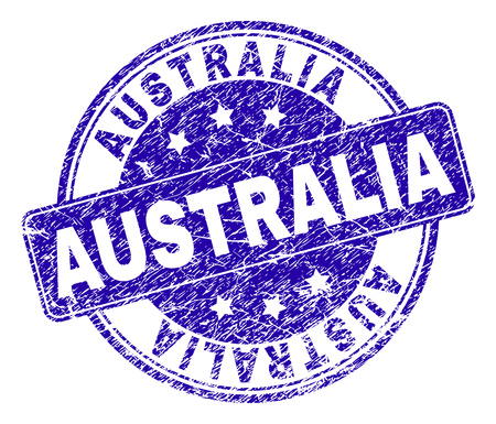 AUSTRALIA stamp seal watermark with distress texture. Designed with rounded rectangle and circles. Blue vector rubber watermark of AUSTRALIA title with retro texture.のイラスト素材