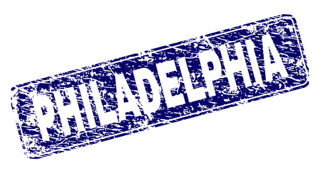 PHILADELPHIA stamp seal print with grunge texture. Seal shape is a rounded rectangle with frame. Blue vector rubber print of PHILADELPHIA label with grunge texture.のイラスト素材