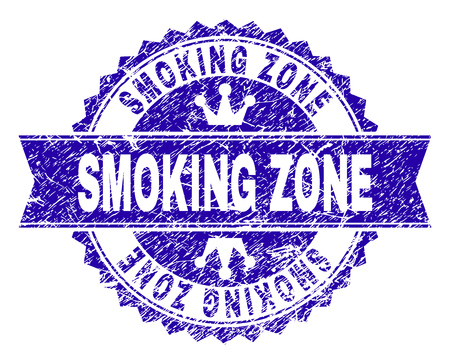 SMOKING ZONE rosette stamp watermark with distress style. Designed with round rosette, ribbon and small crowns. Blue vector rubber watermark of SMOKING ZONE caption with retro style.のイラスト素材