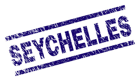 SEYCHELLES seal print with grunge style. Blue vector rubber print of SEYCHELLES title with corroded texture. Text title is placed between parallel lines.のイラスト素材