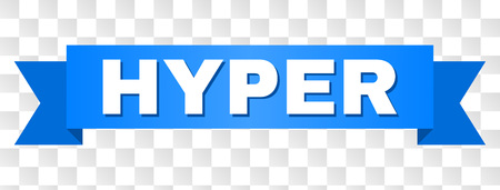 HYPER text on a ribbon. Designed with white caption and blue stripe. Vector banner with HYPER tag on a transparent background.のイラスト素材