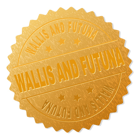 WALLIS AND FUTUNA gold stamp reward. Vector golden medal with WALLIS AND FUTUNA text. Text labels are placed between parallel lines and on circle. Golden skin has metallic texture.のイラスト素材