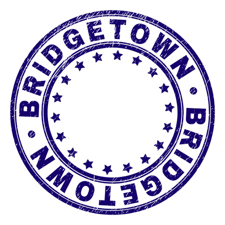 BRIDGETOWN stamp seal imprint with grunge texture. Designed with round shapes and stars. Blue vector rubber print of BRIDGETOWN label with scratched texture.のイラスト素材