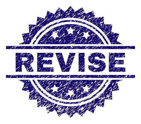 REVISE stamp seal watermark with distress style. Blue vector rubber print of REVISE label with dust texture.のイラスト素材