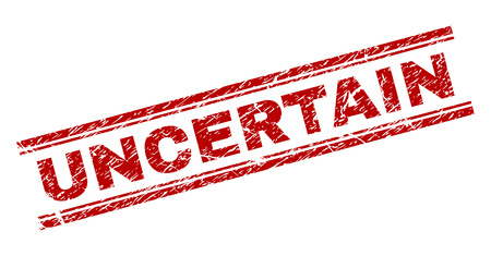 UNCERTAIN seal print with corroded texture. Red vector rubber print of UNCERTAIN caption with dust texture. Text label is placed between double parallel lines.のイラスト素材