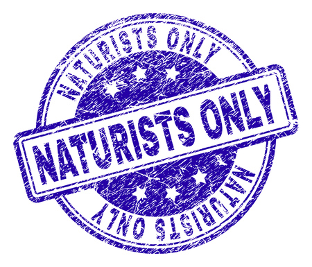 NATURISTS ONLY stamp seal imprint with distress texture. Designed with rounded rectangles and circles. Blue vector rubber print of NATURISTS ONLY title with unclean texture.のイラスト素材
