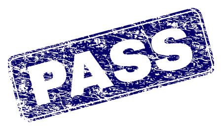 PASS stamp seal print with distress texture. Seal shape is a rounded rectangle with frame. Blue vector rubber print of PASS label with scratched texture.のイラスト素材