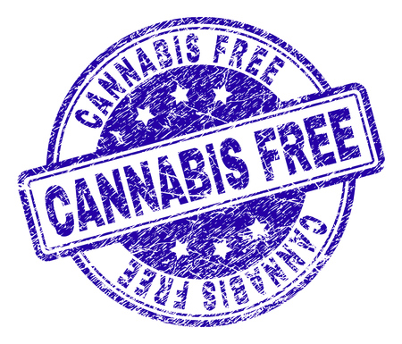 CANNABIS FREE stamp seal imprint with distress texture. Designed with rounded rectangles and circles. Blue vector rubber print of CANNABIS FREE text with unclean texture.のイラスト素材