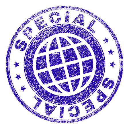 SPECIAL stamp imprint with distress texture. Blue vector rubber seal imprint of SPECIAL title with scratched texture. Seal has words placed by circle and globe symbol.のイラスト素材