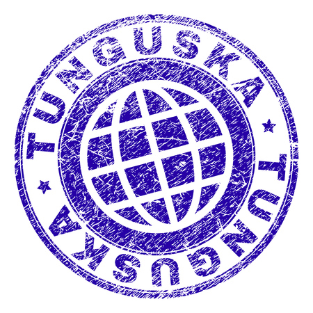 TUNGUSKA stamp print with grunge effect. Blue vector rubber seal print of TUNGUSKA title with grunge texture. Seal has words placed by circle and planet symbol.のイラスト素材