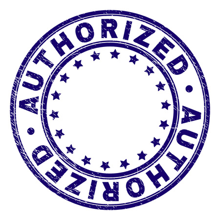 AUTHORIZED stamp seal watermark with grunge effect. Designed with circles and stars. Blue vector rubber print of AUTHORIZED title with grunge texture.のイラスト素材