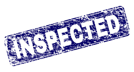 INSPECTED stamp seal print with grunge texture. Seal shape is a rounded rectangle with frame. Blue vector rubber print of INSPECTED tag with scratched texture.のイラスト素材