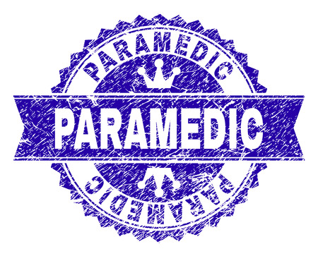 PARAMEDIC rosette stamp seal watermark with grunge style. Designed with round rosette, ribbon and small crowns. Blue vector rubber watermark of PARAMEDIC text with grunge style.のイラスト素材