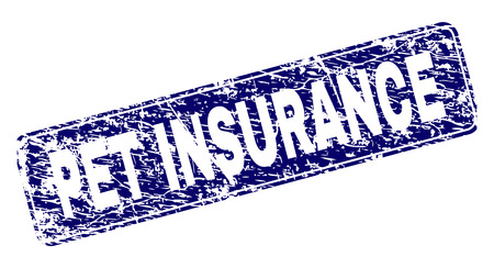 PET INSURANCE stamp seal print with grunge texture. Seal shape is a rounded rectangle with frame. Blue vector rubber print of PET INSURANCE caption with grunge texture.のイラスト素材