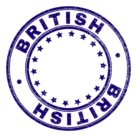 BRITISH stamp seal watermark with grunge texture. Designed with circles and stars. Blue vector rubber print of BRITISH label with dust texture.のイラスト素材