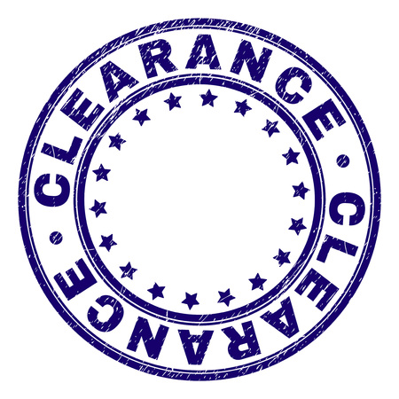 CLEARANCE stamp seal imprint with distress texture. Designed with round shapes and stars. Blue vector rubber print of CLEARANCE label with dust texture.のイラスト素材