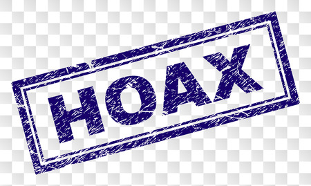 HOAX stamp seal print with rubber print style and double framed rectangle shape. Stamp is placed on a transparent background. Blue vector rubber print of HOAX text with dust texture.のイラスト素材