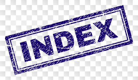 INDEX stamp seal print with grunge style and double framed rectangle shape. Stamp is placed on a transparent background. Blue vector rubber print of INDEX label with retro texture.のイラスト素材