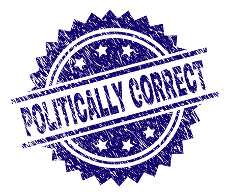 POLITICALLY CORRECT stamp seal watermark with distress style. Blue vector rubber print of POLITICALLY CORRECT tag with dirty texture.のイラスト素材