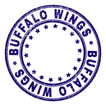 BUFFALO WINGS stamp seal watermark with distress texture. Designed with round shapes and stars. Blue vector rubber print of BUFFALO WINGS title with dirty texture.のイラスト素材