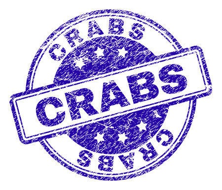 CRABS stamp seal imprint with distress texture. Designed with rounded rectangles and circles. Blue vector rubber print of CRABS label with retro texture.のイラスト素材