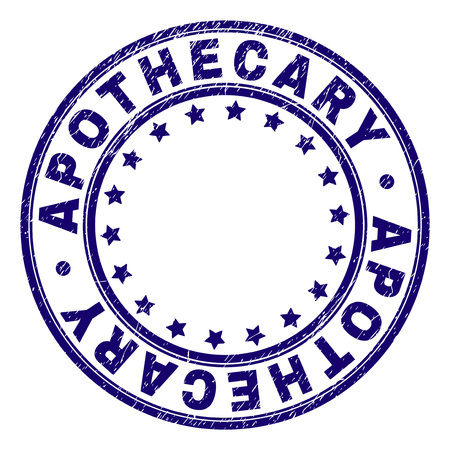 APOTHECARY stamp seal imprint with grunge texture. Designed with round shapes and stars. Blue vector rubber print of APOTHECARY title with scratched texture.のイラスト素材