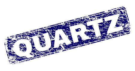 QUARTZ stamp seal print with distress texture. Seal shape is a rounded rectangle with frame. Blue vector rubber print of QUARTZ text with corroded texture.のイラスト素材