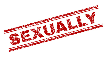 SEXUALLY seal print with distress texture. Red vector rubber print of SEXUALLY caption with retro texture. Text label is placed between double parallel lines.のイラスト素材
