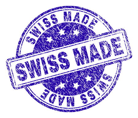 SWISS MADE stamp seal watermark with distress texture. Designed with rounded rectangles and circles. Blue vector rubber print of SWISS MADE caption with grunge texture.のイラスト素材