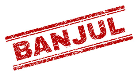 BANJUL seal print with corroded texture. Red vector rubber print of BANJUL text with grunge texture. Text tag is placed between double parallel lines.のイラスト素材