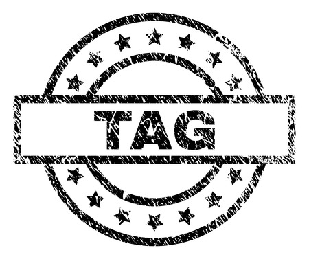 TAG stamp seal watermark with distress style. Designed with rectangle, circles and stars. Black vector rubber print of TAG with unclean texture.のイラスト素材