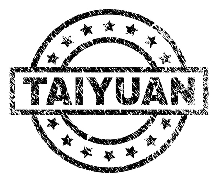 TAIYUAN stamp seal watermark with distress style. Designed with rectangle, circles and stars. Black vector rubber print of TAIYUAN caption with unclean texture.のイラスト素材