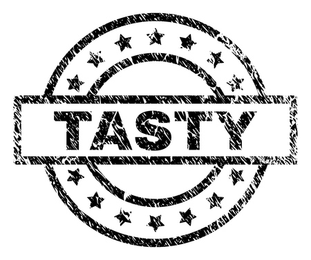 TASTY stamp seal watermark with distress style. Designed with rectangle, circles and stars. Black vector rubber print of TASTY caption with dust texture.のイラスト素材