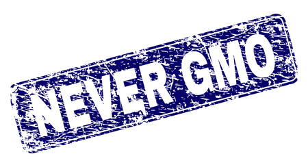 NEVER GMO stamp seal print with grunge style. Seal shape is a rounded rectangle with frame. Blue vector rubber print of NEVER GMO caption with unclean style.のイラスト素材