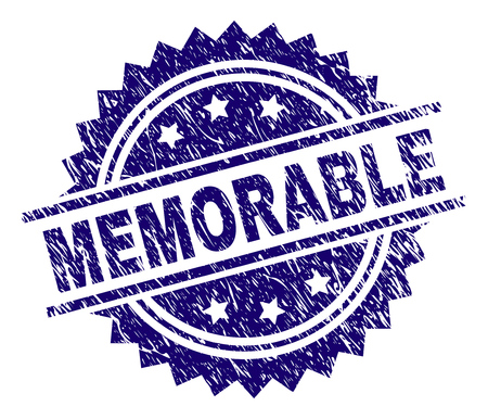 MEMORABLE stamp seal watermark with distress style. Blue vector rubber print of MEMORABLE caption with dirty texture.のイラスト素材