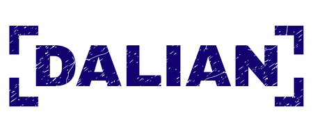 DALIAN text seal imprint with corroded texture. Text label is placed between corners. Blue vector rubber print of DALIAN with corroded texture.のイラスト素材