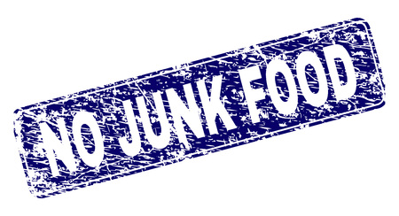 NO JUNK FOOD stamp seal print with grunge texture. Seal shape is a rounded rectangle with frame. Blue vector rubber print of NO JUNK FOOD label with grunge style.のイラスト素材