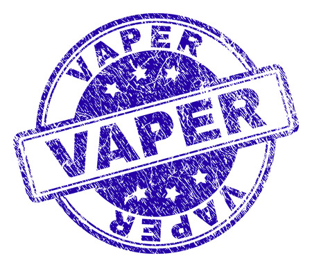 VAPER stamp seal imprint with distress texture. Designed with rounded rectangles and circles. Blue vector rubber print of VAPER label with scratched texture.のイラスト素材