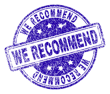 WE RECOMMEND stamp seal watermark with grunge texture. Designed with rounded rectangles and circles. Blue vector rubber print of WE RECOMMEND title with grunge texture.のイラスト素材