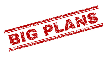 BIG PLANS seal imprint with corroded texture. Red vector rubber print of BIG PLANS caption with corroded texture. Text caption is placed between double parallel lines.のイラスト素材