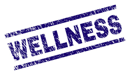 WELLNESS seal print with scratced style. Blue vector rubber print of WELLNESS title with grunge texture. Text label is placed between parallel lines.のイラスト素材