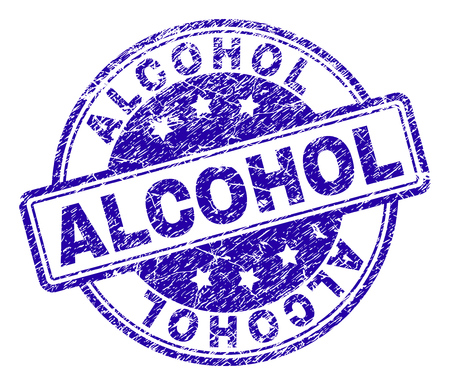 ALCOHOL stamp seal imprint with grunge texture. Designed with rounded rectangles and circles. Blue vector rubber print of ALCOHOL label with corroded texture.のイラスト素材