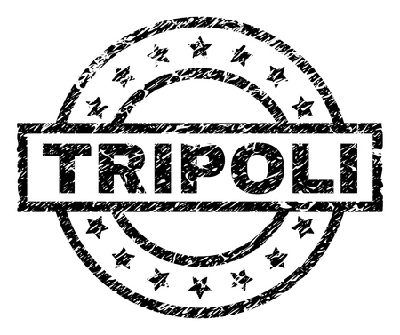 TRIPOLI stamp seal watermark with distress style. Designed with rectangle, circles and stars. Black vector rubber print of TRIPOLI tag with dust texture.のイラスト素材
