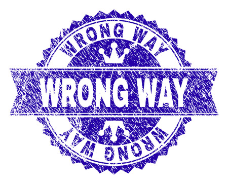 WRONG WAY rosette stamp watermark with grunge texture. Designed with round rosette, ribbon and small crowns. Blue vector rubber print of WRONG WAY caption with corroded texture.のイラスト素材