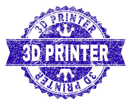 3D PRINTER rosette stamp seal watermark with grunge texture. Designed with round rosette, ribbon and small crowns. Blue vector rubber print of 3D PRINTER title with dust texture.のイラスト素材