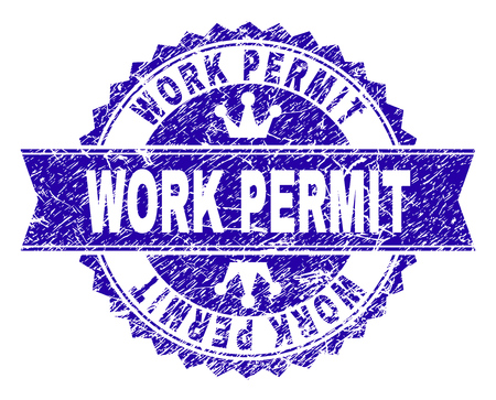 WORK PERMIT rosette stamp imprint with grunge texture. Designed with round rosette, ribbon and small crowns. Blue vector rubber print of WORK PERMIT caption with grunge texture.のイラスト素材
